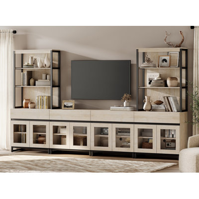 Meuble télé moderne avec bibliothèque à 3 niveaux, centre de divertissement de ferme avec 4 tiroirs et tablette réglable, console média en bois avec portes en verre pour le salon