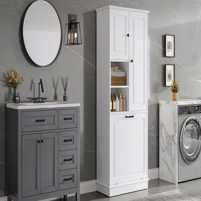 Tall Storage Cabinet With Adjustable Shelves, Large Flip-Out Basket And Enclosed Cabinets, White