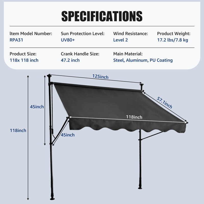 Auvents rétractables manuels pour le patio, store d'extérieur réglable avec protection UV