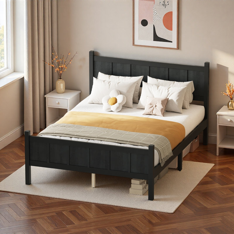 Lit plateforme moderne avec tête de lit et pieds robustes, Noir, Lit double