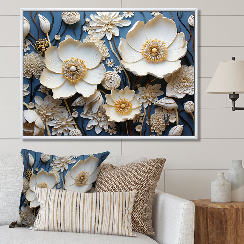 «Minimalisme Buttercups On Blue I», reproduction sur toile, 12" H x 20" W, Cadre naturel flottant