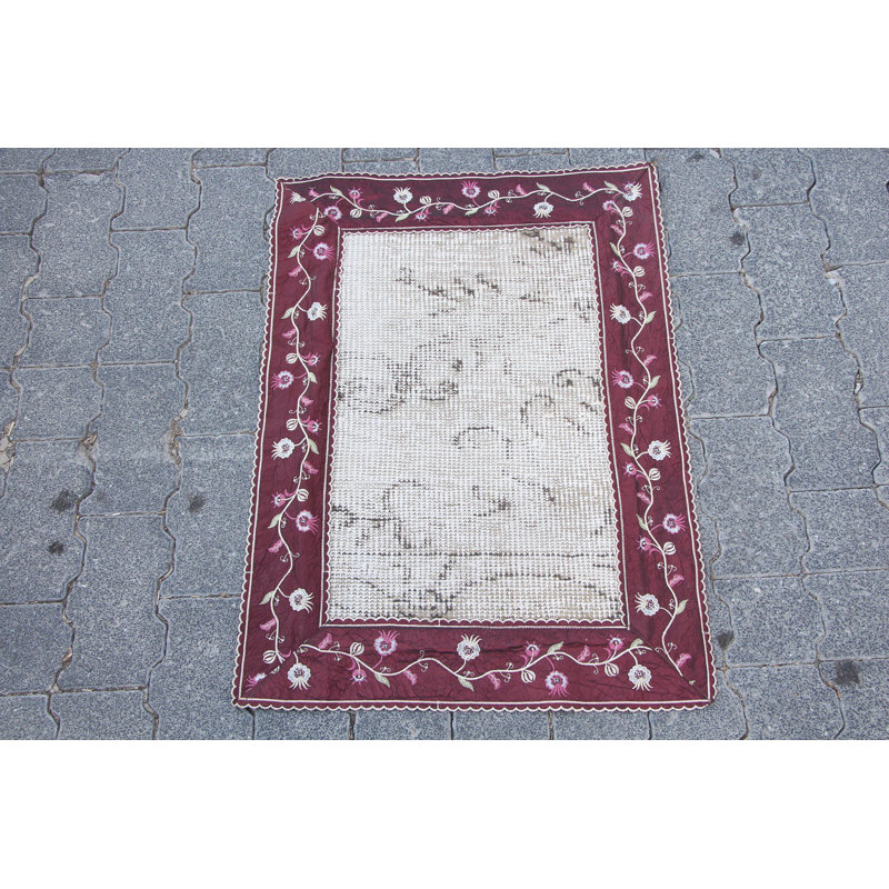 Tapis turc Oushak tissé à la main - Petit tapis brun rétro idéal pour le vestibule ou la cuisine