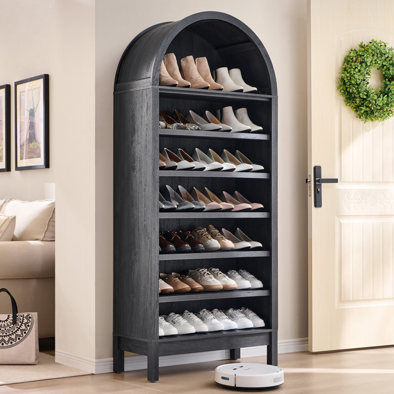 71" Tall Arched Shoe Storage Cabinet, 7 Tiers 28 Pairs Wooden Shoe Rack with 3 Adjustable Shelves, Gray