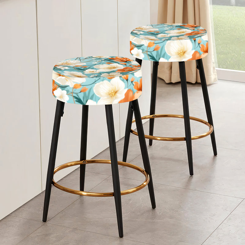 Ensemble de 2 tabourets floraux ivoire et orange