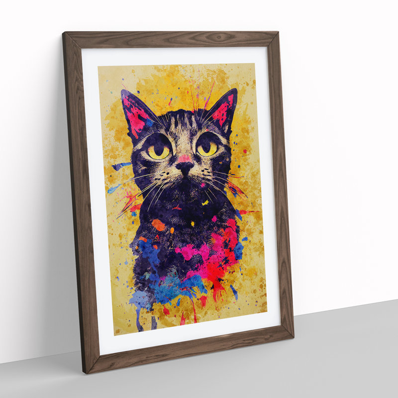 Catt Paint Splash No.1 - Wall Art, 36cm H x 27cm W x 2cm D, Walnut Framed, White