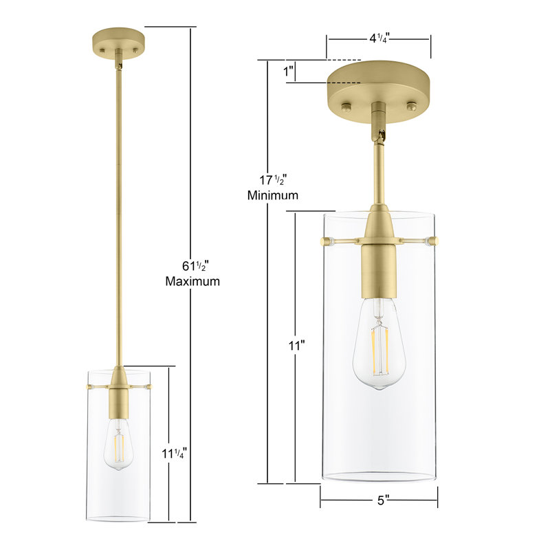Luminaire suspendu cylindrique à 1 lumière Angelina, Satin Brass, Large Shade, Clear