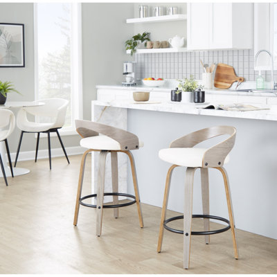 Tabouret de comptoir à hauteur fixe avec pivot en bois gris clair et similicuir blanc avec repose-pieds rond en métal noir - ensemble de 2