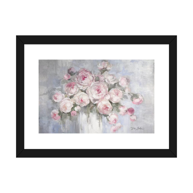 Pe pivoines dans un vase blanc par Debi Coules - reproduction d'art, H 16 po x l 24 po x P 1 po, Papier encadré noir, Blanc