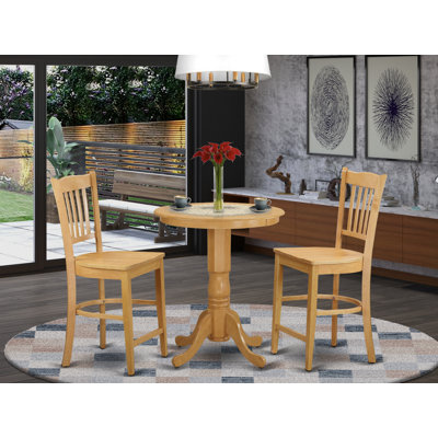 3 Piece Kitchen Counter Height Dining Table Set Contains a Round Wooden Table with Pedestal and 2 Dining Chairs, Oak