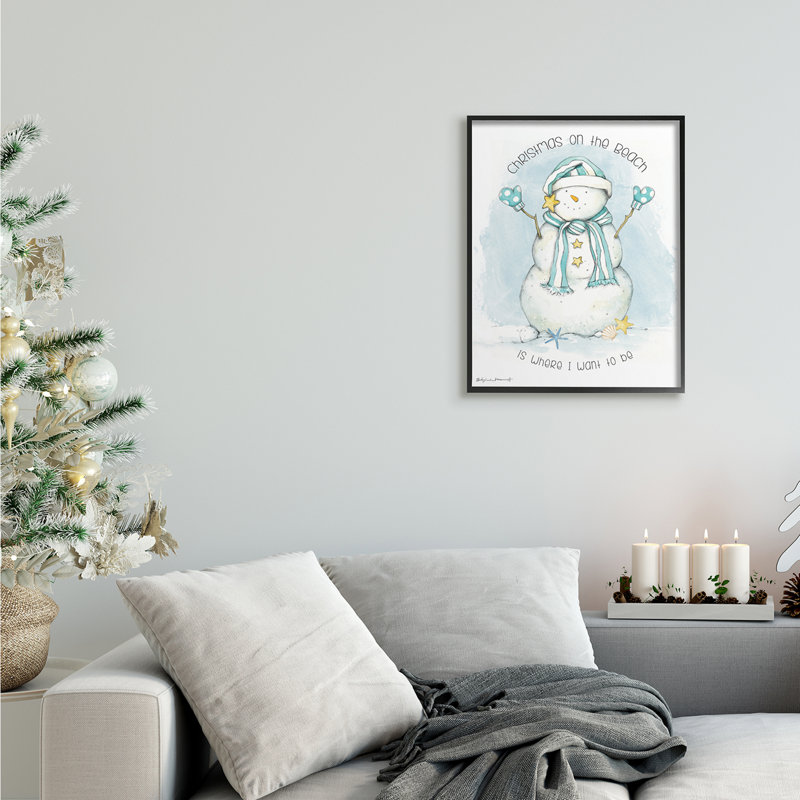 Noël sur la plage, Sentiments, bonhomme de neige nautique, H 14 po x l 11 po, Giclée encadrée noir minuit