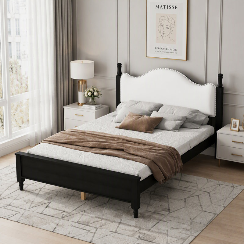 Lit plateforme en bois avec tête de lit rembourrée confortable, sans sommier tapissier, durable et élégant