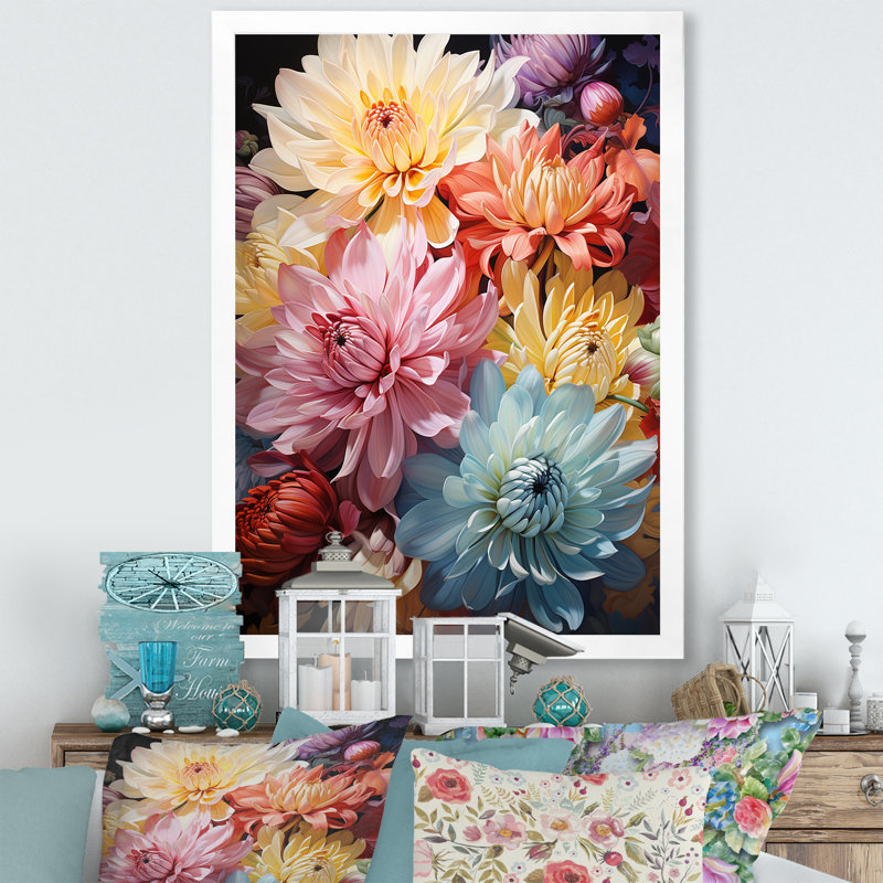 «Mums With Its Caractéristic Curved Stems I», reproduction sur toile, H 44 po x l 34 po x P 1,5 po, Cadre simple blanc