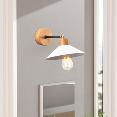 Scandinavian Style Wall Lamp, White Metal Body with Wooden Base, 9.4 in Diameter x 7.9 in Height | E27 Socket, Max 40W | Elegant IP20 Rated Design for Modern Home Decor, Perfect for Living Room & Bedroom