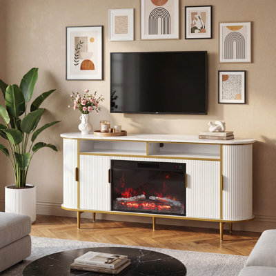 Curved Fireplace TV Stand with Fluted Doors, Modern Media Console with Faux Marble Top & Electric Fireplace Heater, Storage Cabinets & Open Shelves for Living Room, Gold Metal Legs