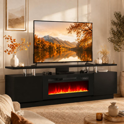 Meuble télé 60 po avec foyer électrique encastrable 30 po - Chaufferette 750 W / 1500 W, 12 flammes, centre de divertissement moderne pour téléviseur de 70 po ou moins