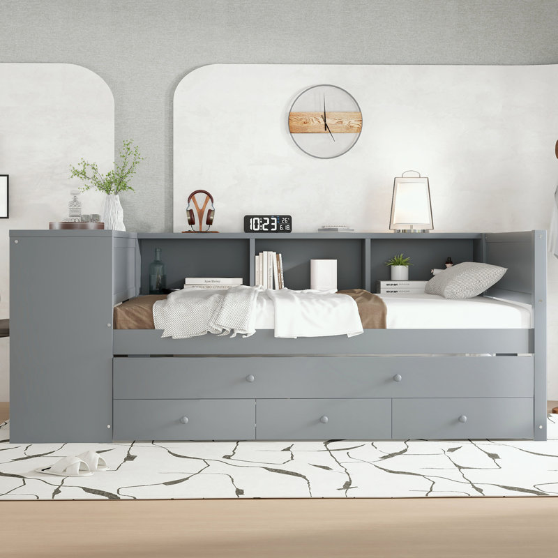 Twin Size Daybed with Trundle, Storage Drawers and Side Shelves, Gray, Twin