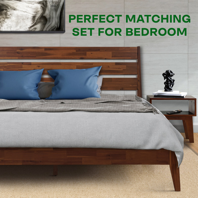 2-Pcs Bedroom Set Callisto – Solid Wood Platform Bed Frame & Matching Nightstand. Mid-Century Modern Farmhouse. 800 lbs Capacity. No Box Spring Needed