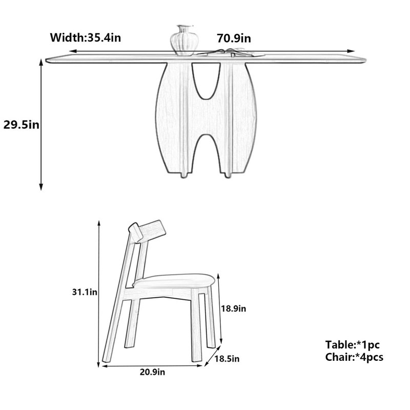 Matte Rock Slab Dining Table - Solid Wood Frame, 29.5"H x 70.9"L x 35.4"W