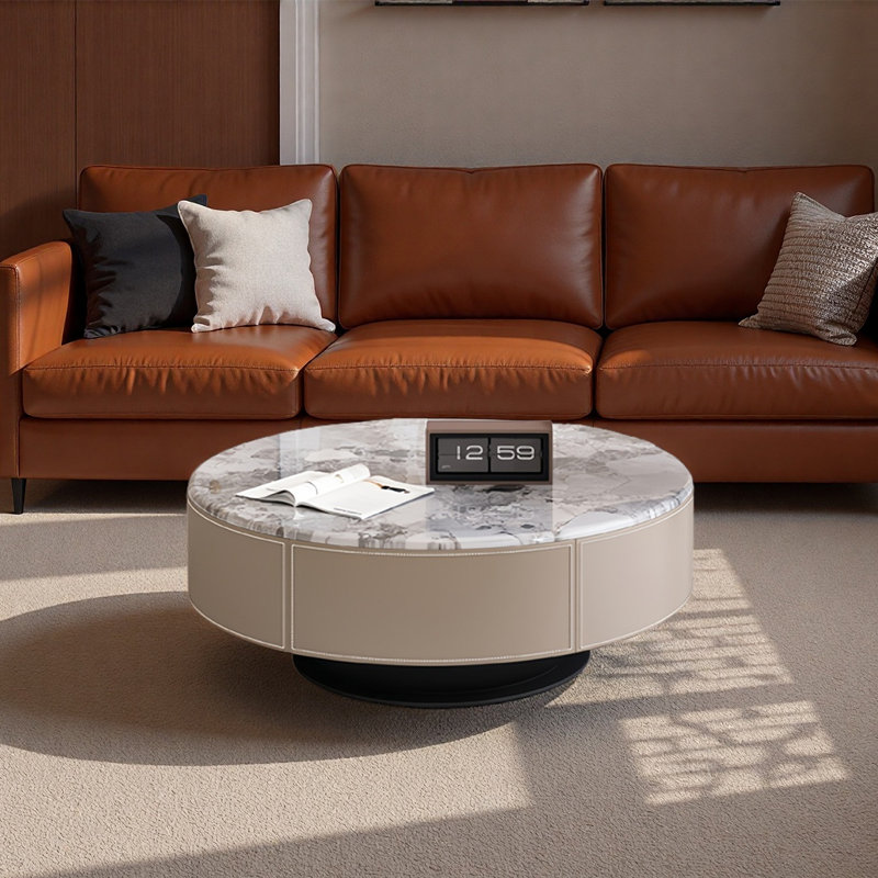 Table basse ronde moderne en marbre, H 13,8 po x L 31,5 po x l 31,5 po