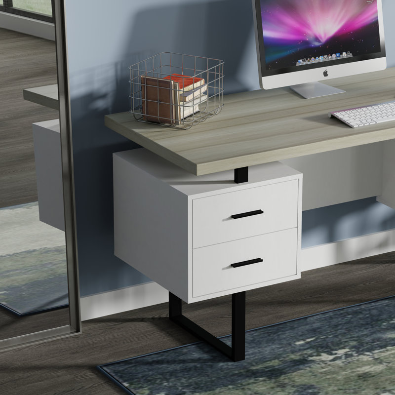 Bureau 60 po Auniya, Plateau taupe clair, corps blanc, métal noir / qu