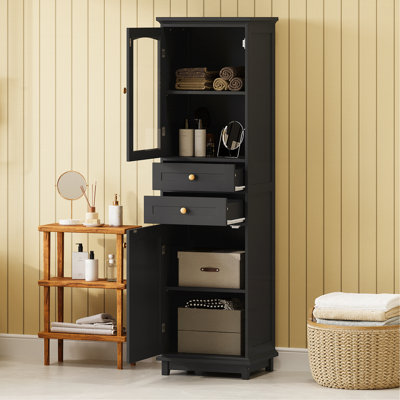 63" Tall Bathroom Storage Cabinet With Glass Doors, Free-Standing, Two Drawers, And Adjustable Shelves, MDF Board, Painted Black - For Displaying Your Favorite Items