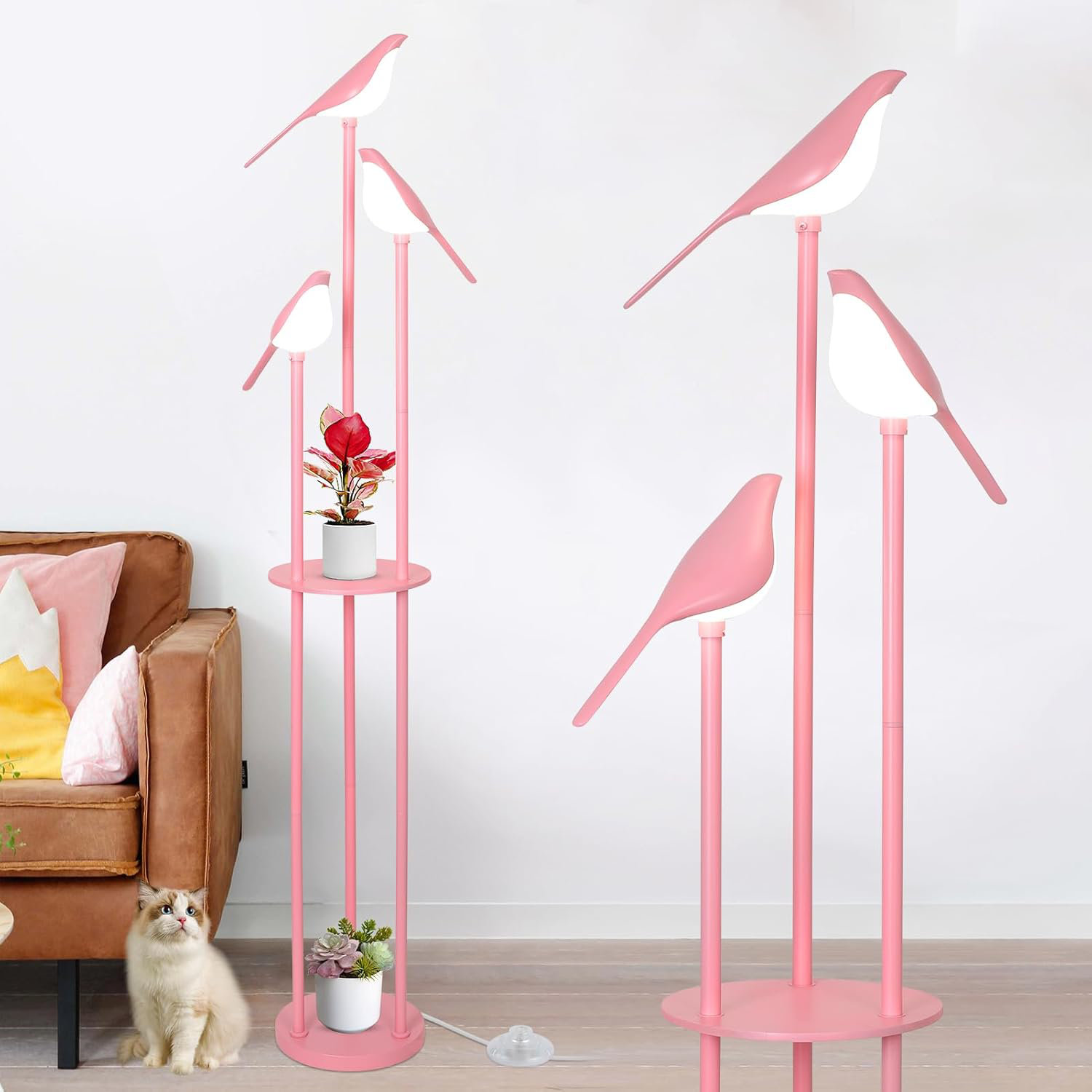 Gracie Oaks Pink Floor Lamp With Shelves 3-Light Bird Floor Lamps For ...
