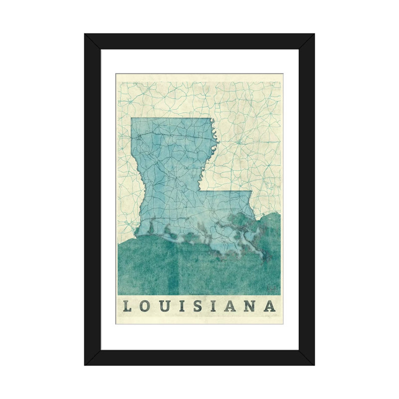 « louisiana map », impression sur toile, Papier avec cadre noir, H 32 po x l 24 po x P 1 po, Blanc