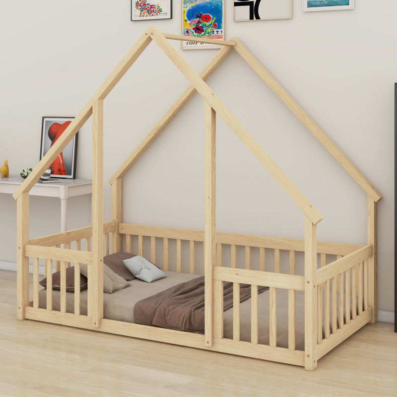 Contemporary House‑Shaped Floor Bed Featuring Safety Fence And Guardrails, Natural