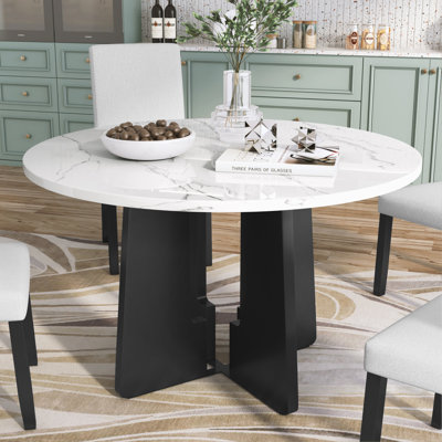 Table de salle à manger ronde pour 4, 43 pouces, plateau en faux marbre, table de salle à manger ronde Mid-Century moderne pour les cafés, restaurants, bars, bureaux à domicile et salles de conférence (blanc)