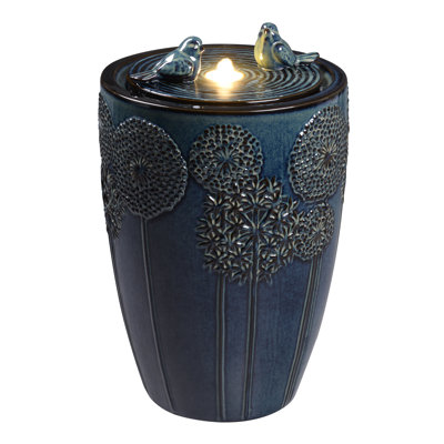 Fontaine en céramique bleue pour oiseaux et pissenlits, fontaine décorative avec lumières DEL et pompe silencieuse, dispositif d'eau intérieur / extérieur pour patio, jardin, terrasse, balcon, bureau et décoration intérieure, conception d'eau en cascade relaxante