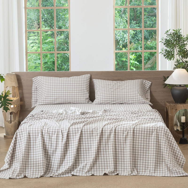 MooMee Gingham Sheet Set 100% Washed Cotton Linen Like Textured Breathable Lightweight, King Sheet Set with 2 Pillowcases