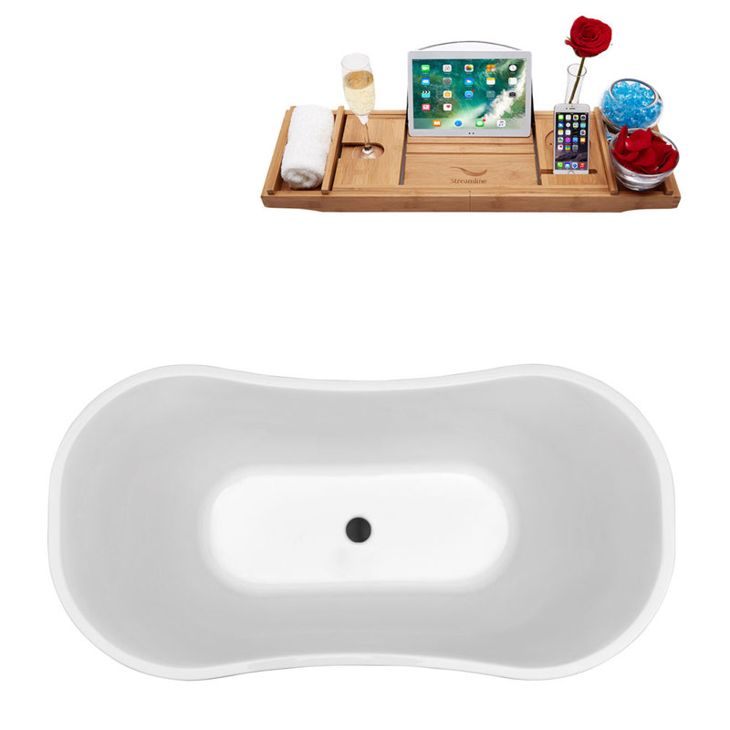 Baignoire de trempage autoportante en acrylique 68 "avec drain et plateau en bambou 68" Streamline, Noir mat