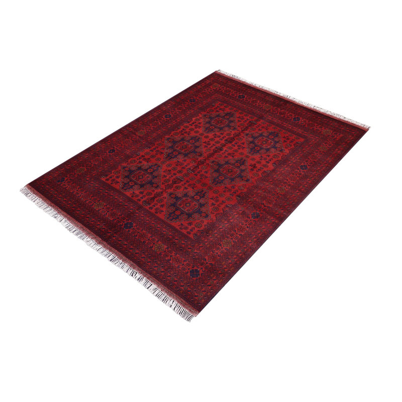 Tapis rouge foncé / bleu foncé en laine noué à la main à motif géométrique 5 pi 10 po x 7 pi 6 po Madonia