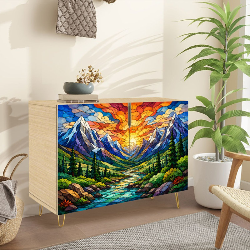 Buffet Buffet avec rangement Vibrant Vitrail Montagne Paysage Rivière Lever du soleil avec 2 portes pour le salon et la cuisine
