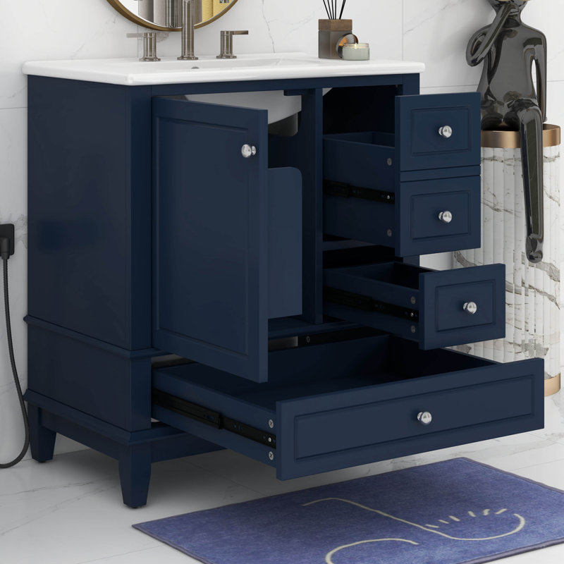 Meuble-lavabo de 30 po avec lavabo simple, armoire de salle de bain moderne avec une porte et une tablette à fermeture douce et trois tiroirs