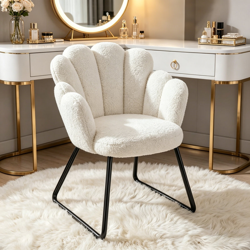 Chaise de coiffeuse Petal Teddy - Fauteuil de maquillage avec pieds robustes en métal, white