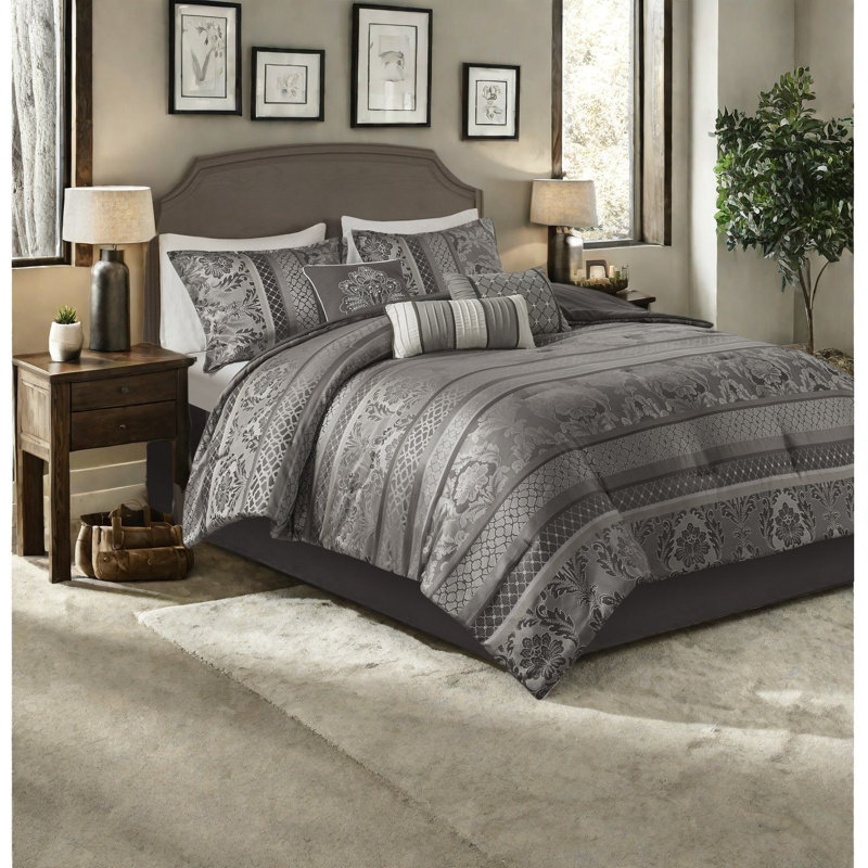 Ensemble de literie en jacquard luxueux 7 pièces, polyester gris, décor élégant pour grand lit