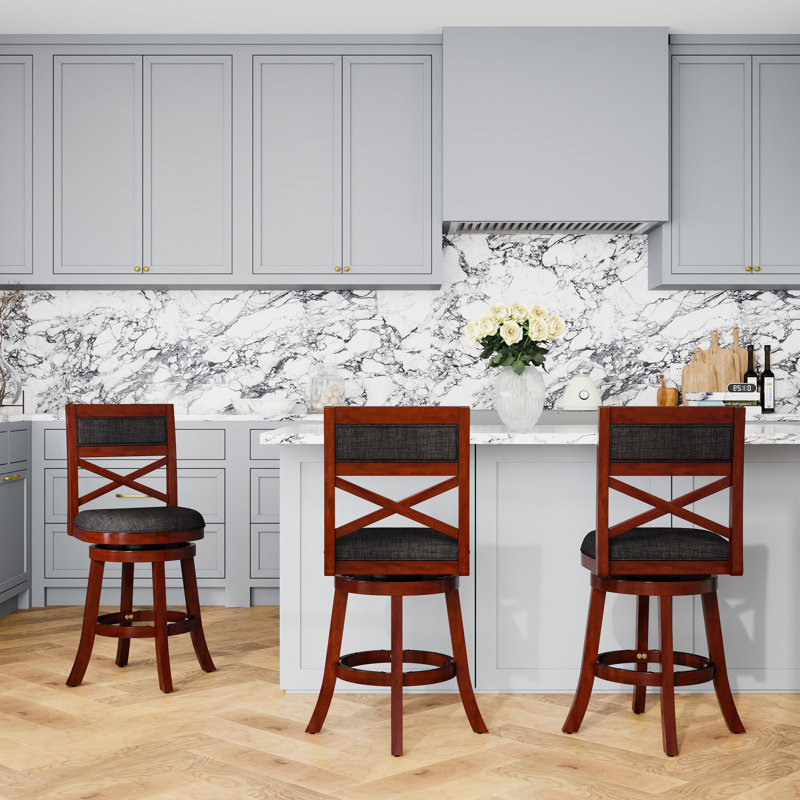 Attractive 24" Counter Height Swivel Stool, Cherry, Charcoal Fabric Seat Cherry Finish. Seat. Hardwood. 360-Degree Swivel. Padded For Comfort. Flared Legs Balance