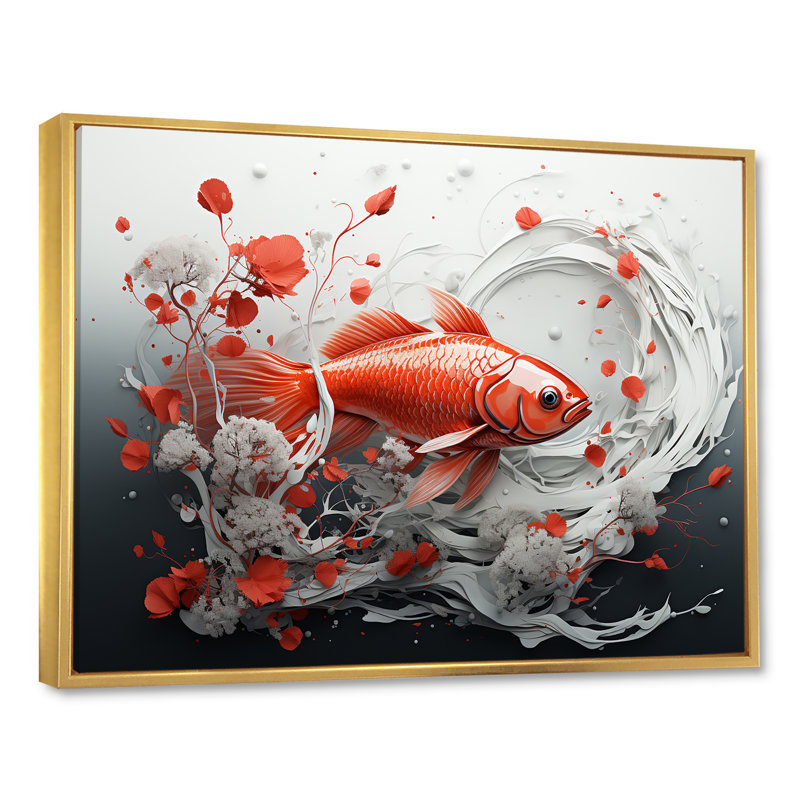 «Kois» rouge et gris nageant avec sérénité I sur toile, Cadre flottant doré, H 12 po x l 20 po x P 1 po