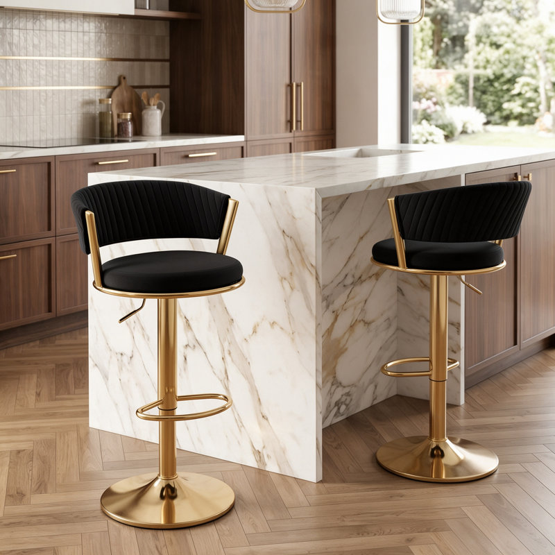 Tabouret de bar pivotant à 360° avec assise de 42 cm de large, hauteur réglable, revêtement en velours, structure en métal doré et repose-pieds.