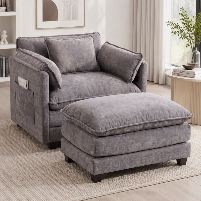 Canapé simple surdimensionné avec repose-pieds avec accoudoirs épais pour le confort ergonomique du salon, Purple Grey