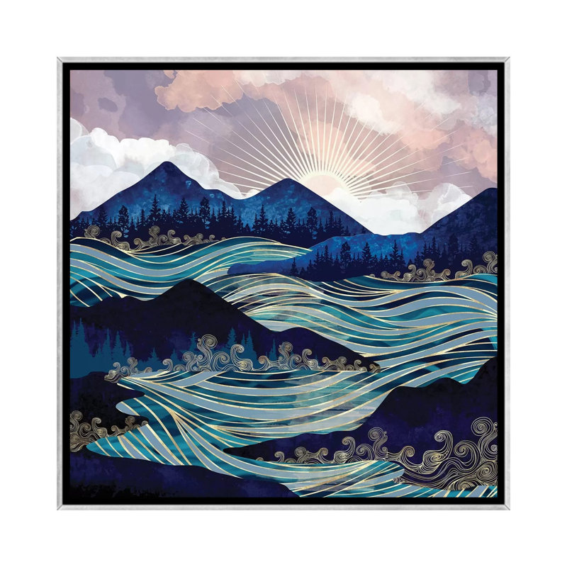 Ocean Sunrise - impression d'art graphique, H 18 po x l 18 po x 1,5 po, Aucun mat, Toile avec cadre argenté