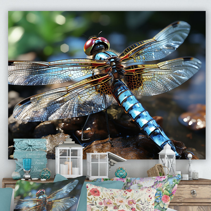 «Blue Fluttering Dragonfly I», art mural libellule, H 24 po x l 32 po x P 1 po, Toile tendue