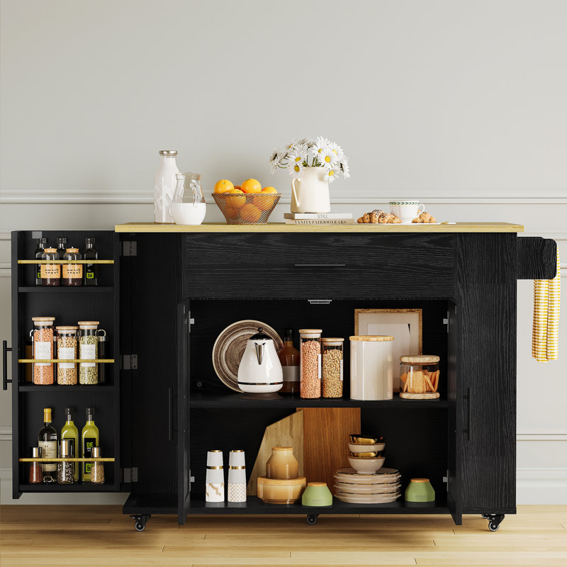 47.2" W Rolling Kitchen Island With Drawer And Cabinets, Kitchen Cart With Drop Leaf, Lockable Wheels And Towel Rack, Island For Kitchen, Dining Room