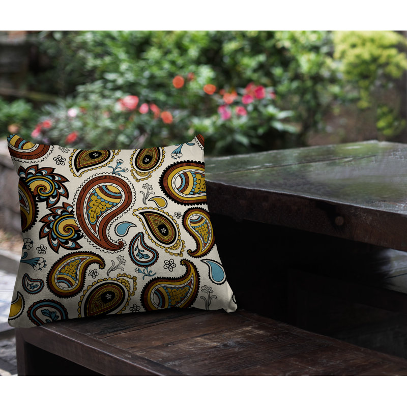 Coussin intérieur / extérieur réversible Hema Paisley, Noir / brun / or / bleu, Carré 17 po