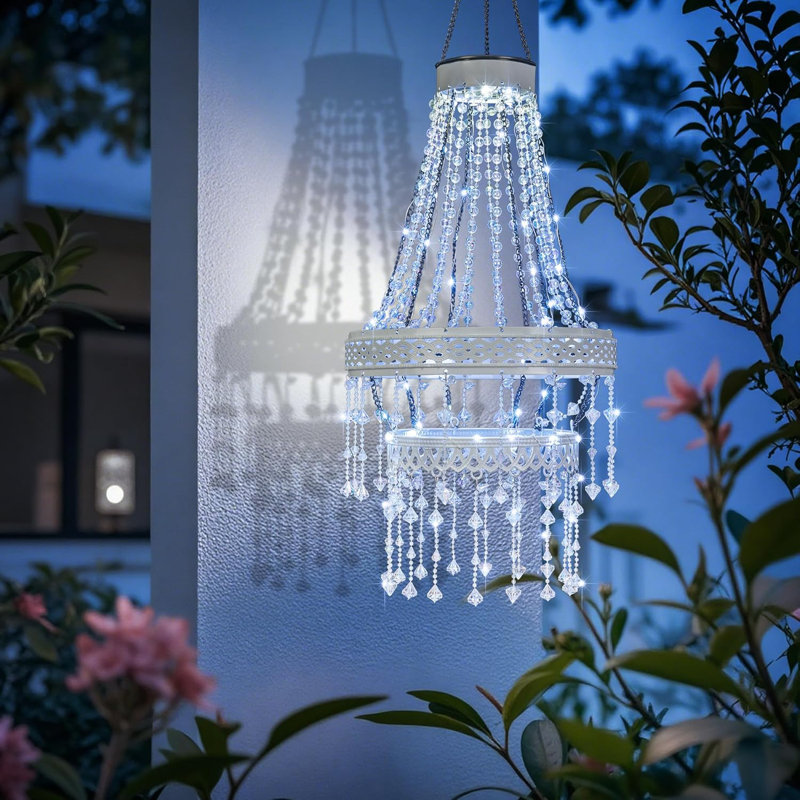Lustre solaire 32 po pour l'extérieur, lumières de jardin solaires suspendues en cristal, lumière solaire imperméable IP44