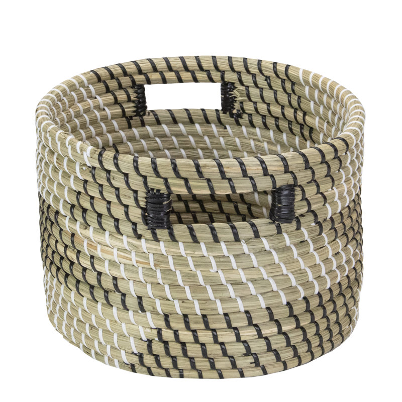 Set of 3 Beige and White Wicker Storage Baskets