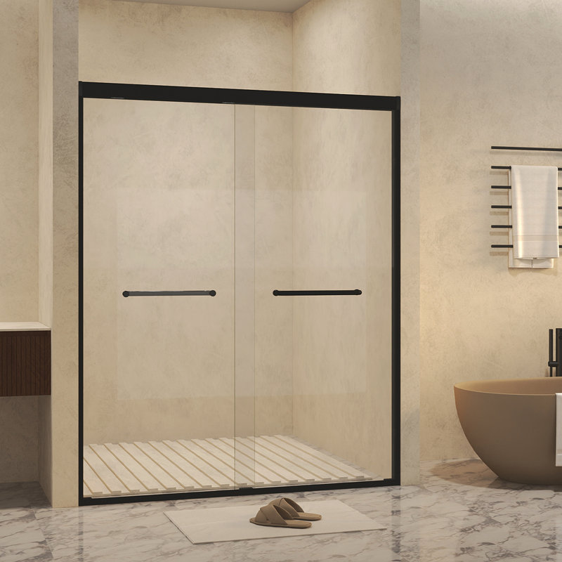 50-54" W × 72" H  Tempered Glass With Explosion Proof Film, Aluminum Frame Double Sliding Shower Door, "1/4 (6 Mm), Stainless Steel Handle, Matte Black