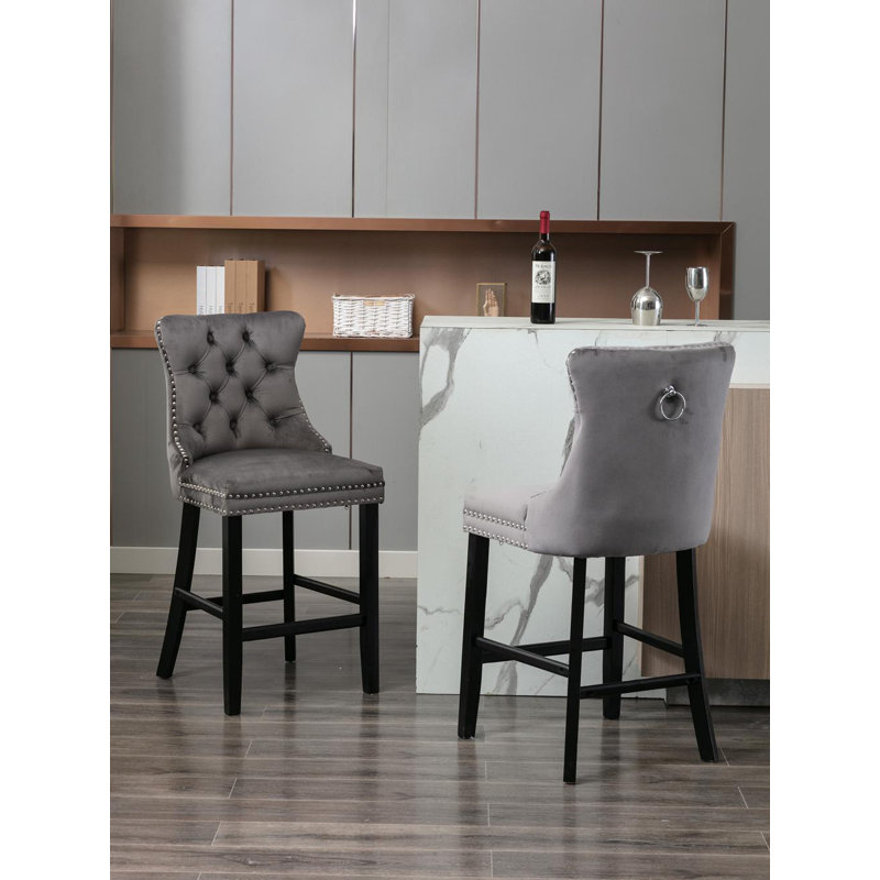 Velvet Upholstered Bar Stool with Button Tufted Back and Nailhead Trim Set of 2, Gray