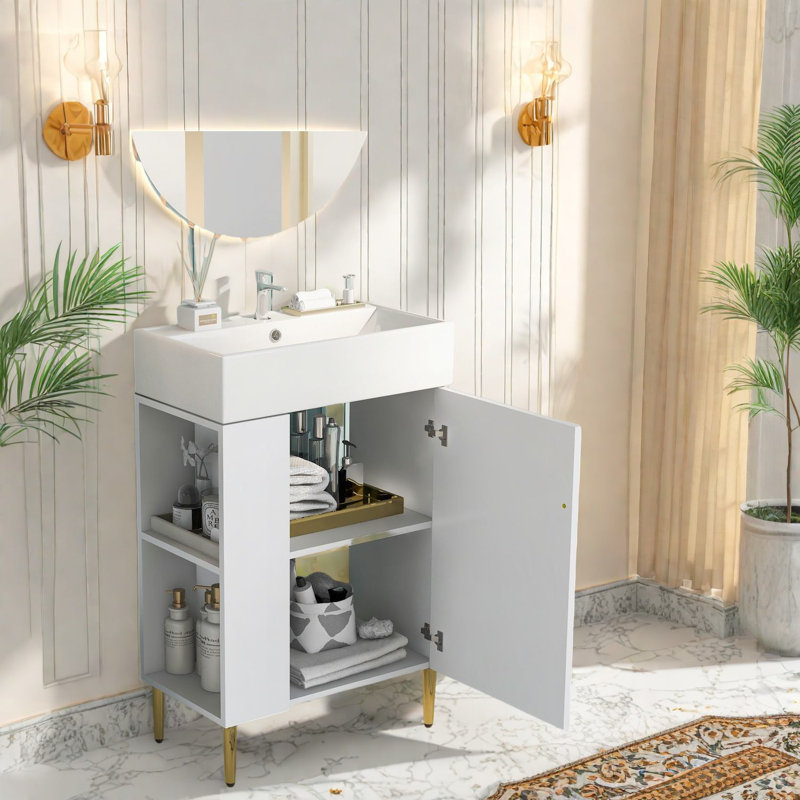 Meuble-lavabo compact blanc avec lavabo en céramique pour salle de bain moderne